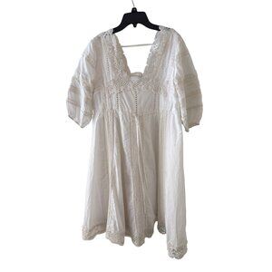 Eri + Ali White Lace-Trimmed Dress XS Cotton Blend Short Puff Sleeves Prairie